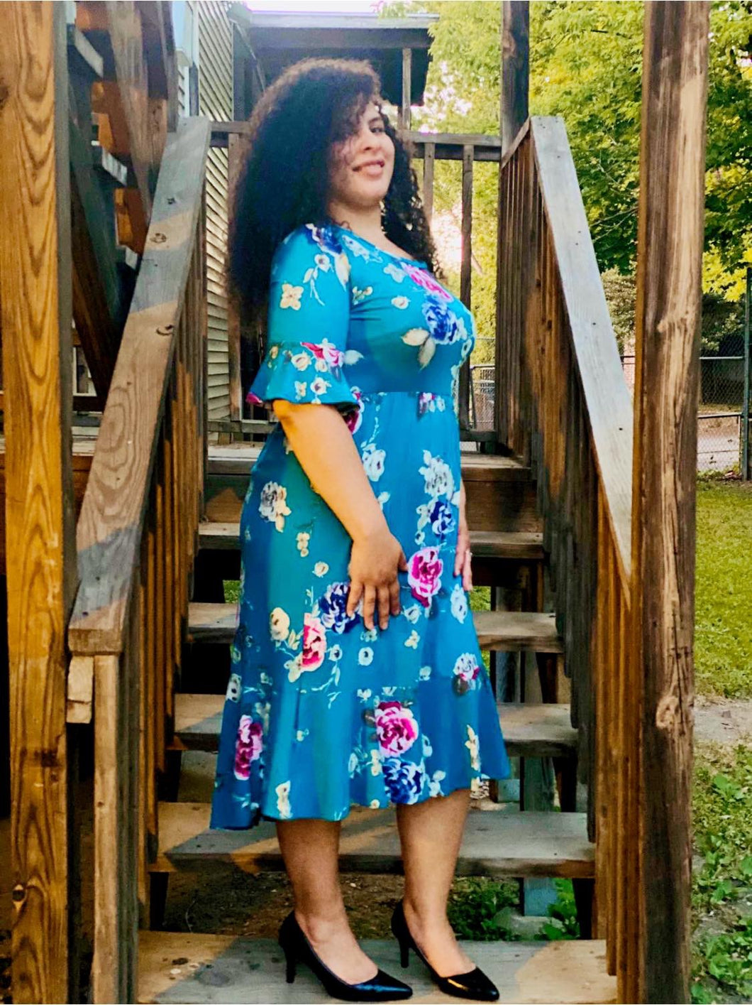 Teal MIDI Floral Dress