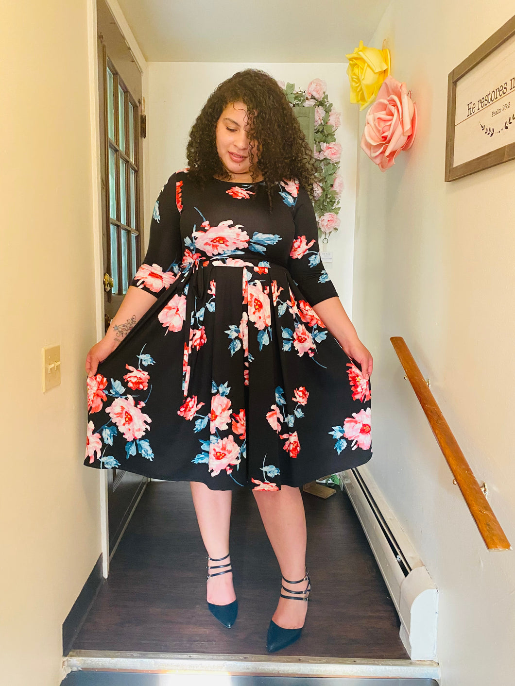 Black Floral Midi Dress